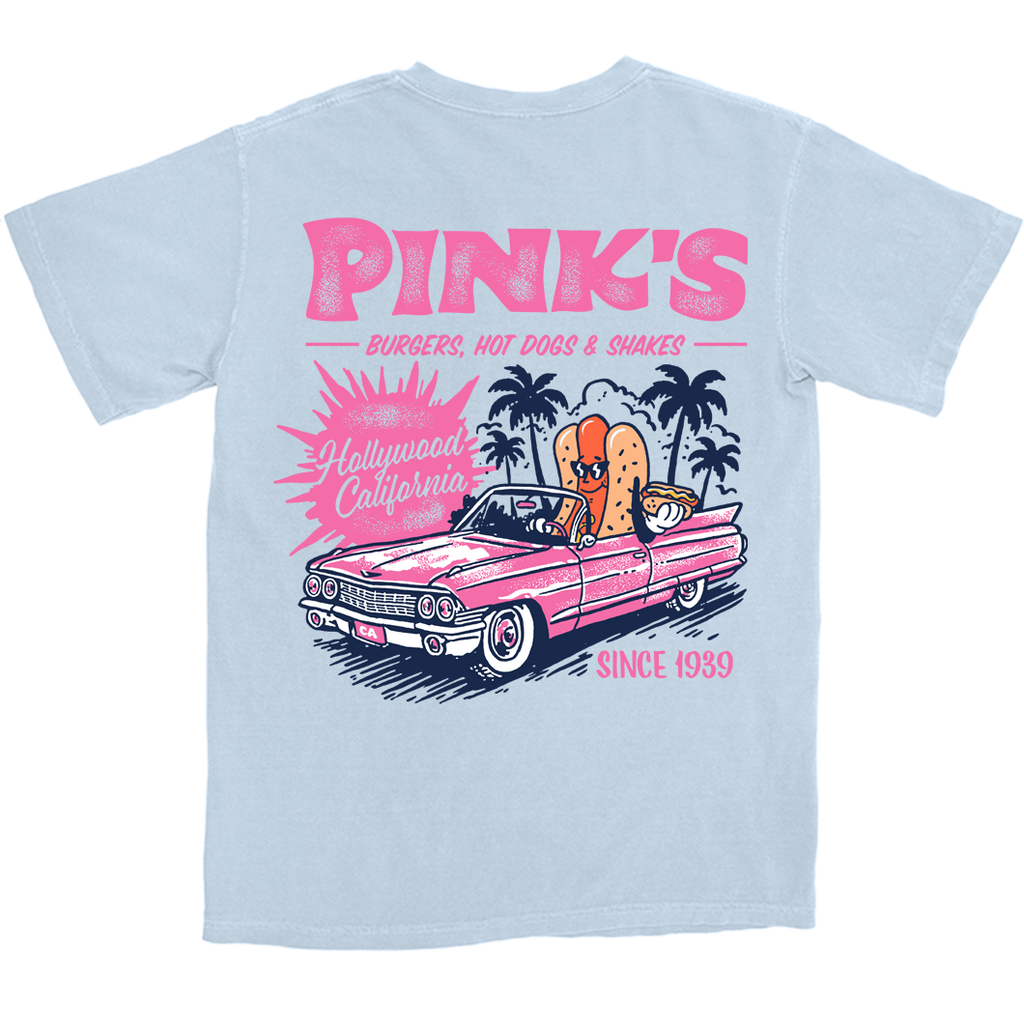Light blue t-shirt with a pink vintage car graphic and text