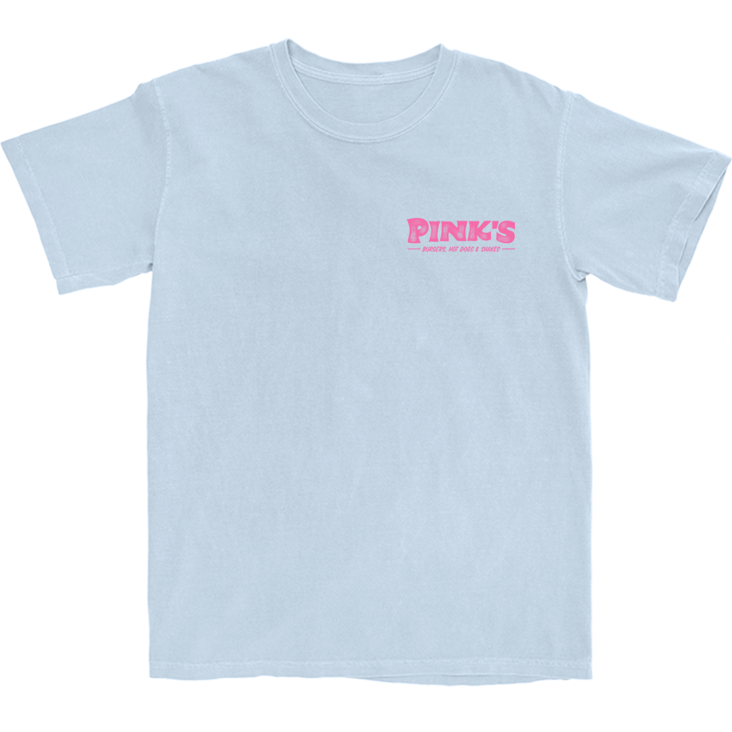 Front of light blue t-shirt with classic Pink's logo on front left chest