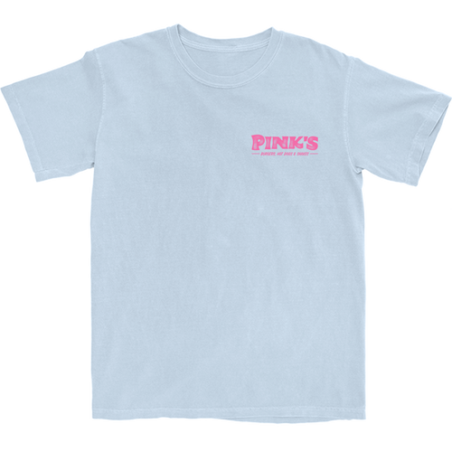 Front of light blue t-shirt with classic Pink's logo on front left chest
