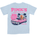 Back of light blue t-shirt with a pink vintage car graphic, Pink's logo and hot dog graphic