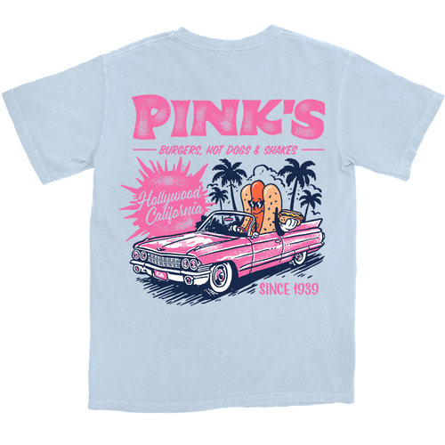 Back of light blue t-shirt with a pink vintage car graphic, Pink's logo and hot dog graphic