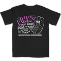 Black 'Pink's Hollywood Tee' t-shirt with 'Pink's Hot Dogs' graphic design on front
