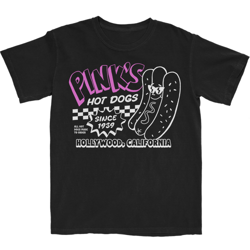 Black 'Pink's Hollywood Tee' t-shirt with 'Pink's Hot Dogs' graphic design on front