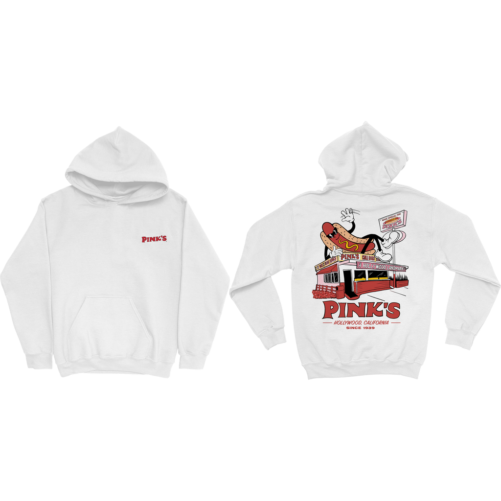 White hoodie with Pink's Hot Dog Stand graphic