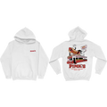 Front and back photo of white hoodie with Pink's hot dog stand graphic