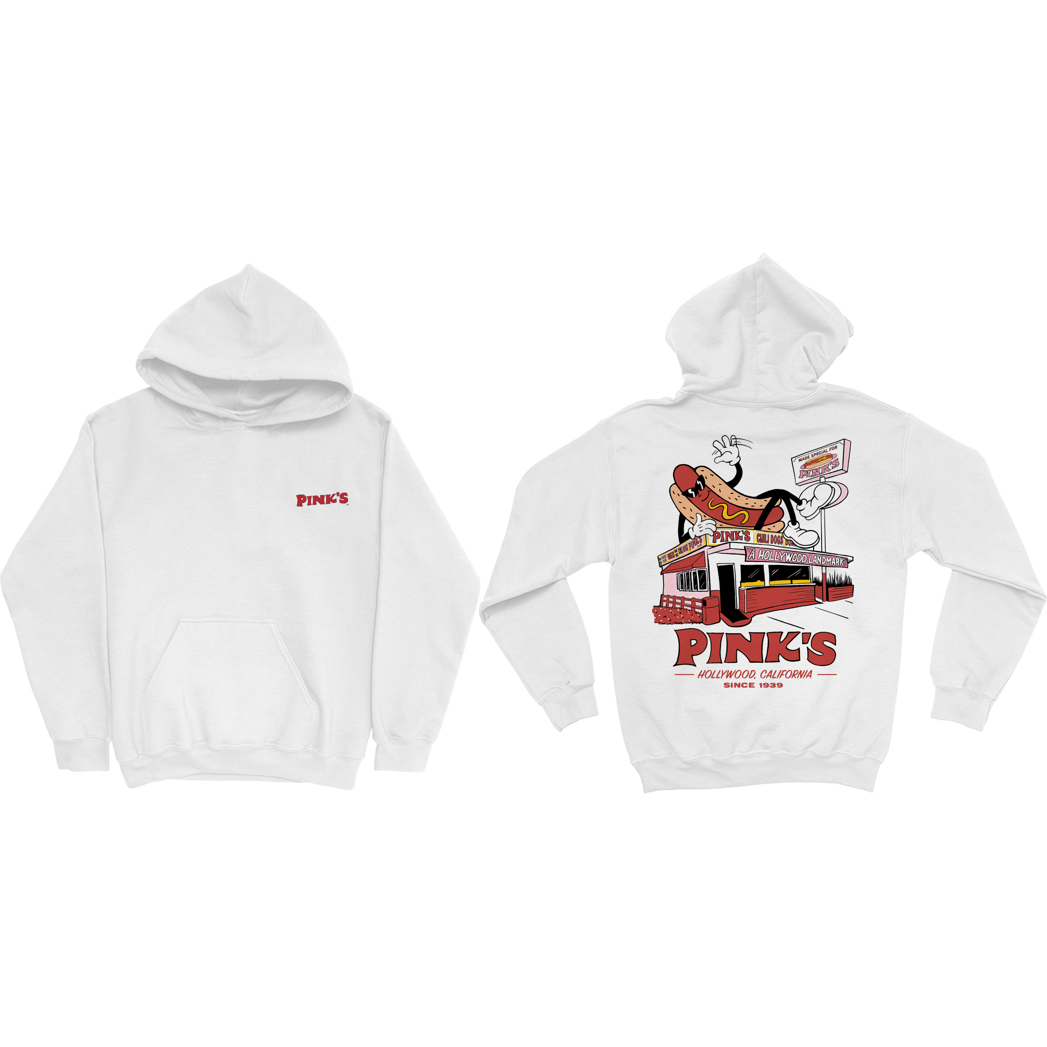 White hoodie with Pink's Hot Dog Stand graphic