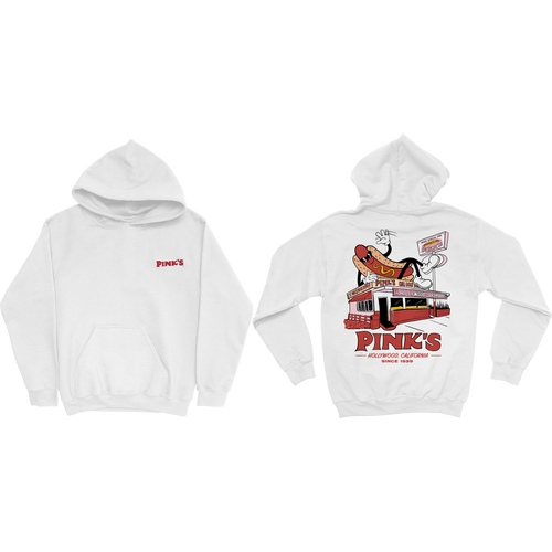 Front and back photo of white hoodie with Pink's hot dog stand graphic