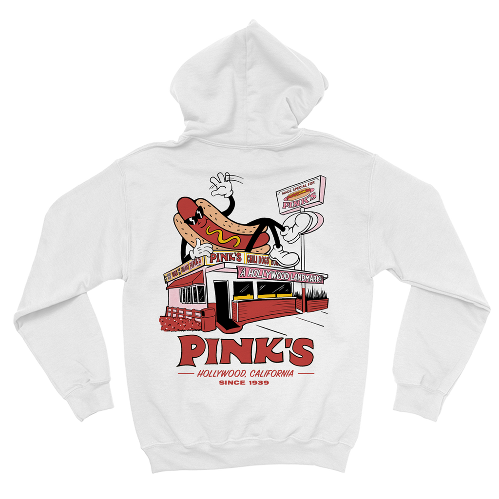 White hoodie with a hot dog and Pink's Hot Dogs restaurant graphic