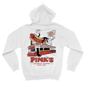 White hoodie with a hot dog and Pink's Hot Dogs restaurant graphic