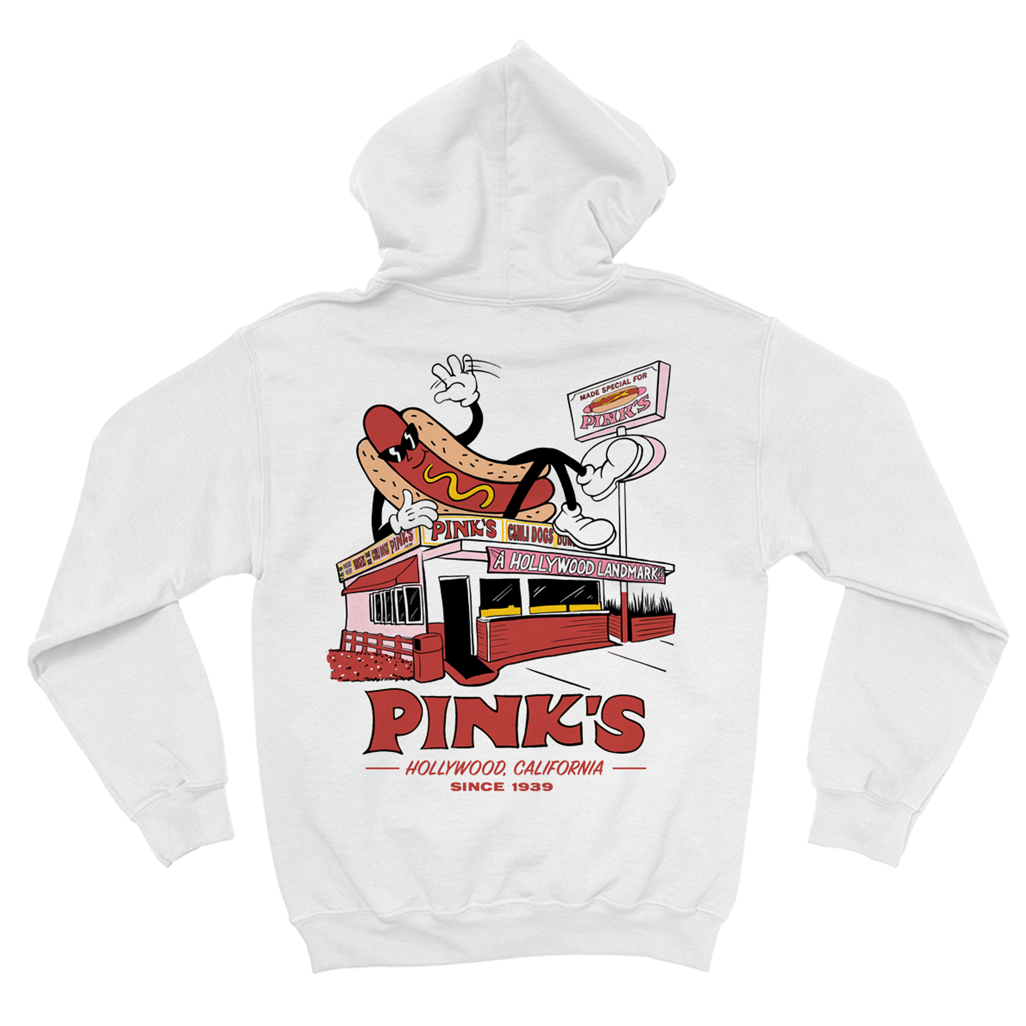 White hoodie with a hot dog and Pink's Hot Dogs restaurant graphic