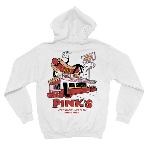 White hoodie with a hot dog and Pink's Hot Dogs restaurant graphic